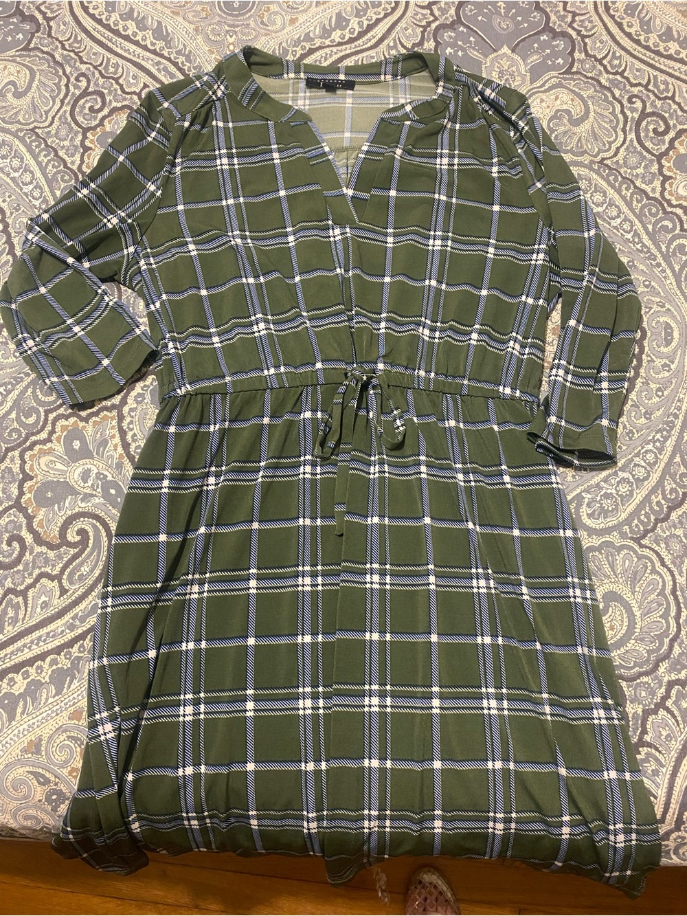 Olive Plaid Drawstring Waist Women’s Dress